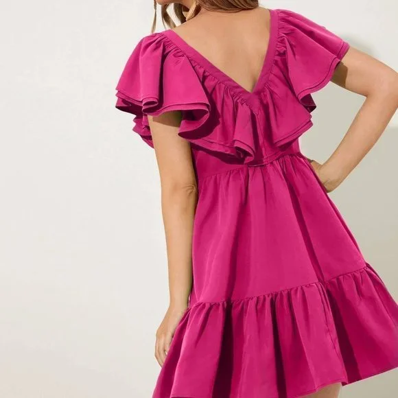 Pink two Layered Trim Ruffle Hem Dress chic fun summer - Picture 3 of 5